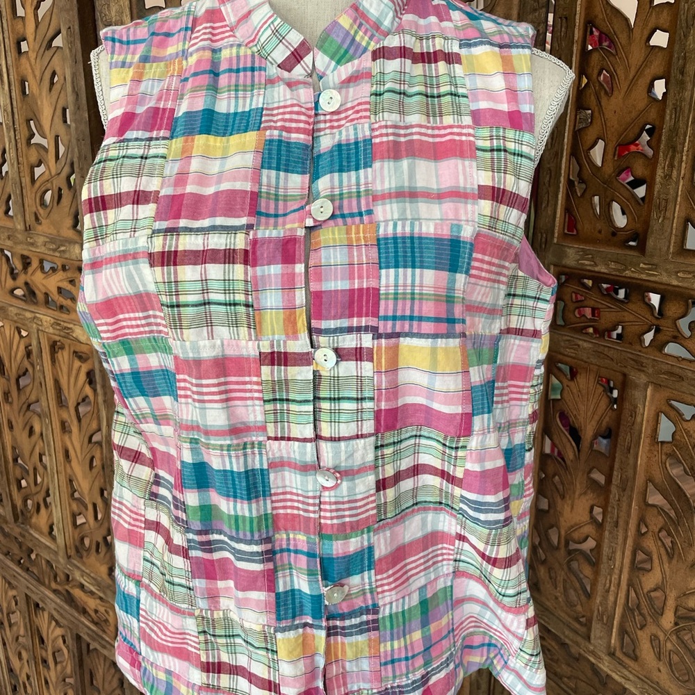 Authentic Madras Plaid Women’s Vest or Top Plaid Button Up